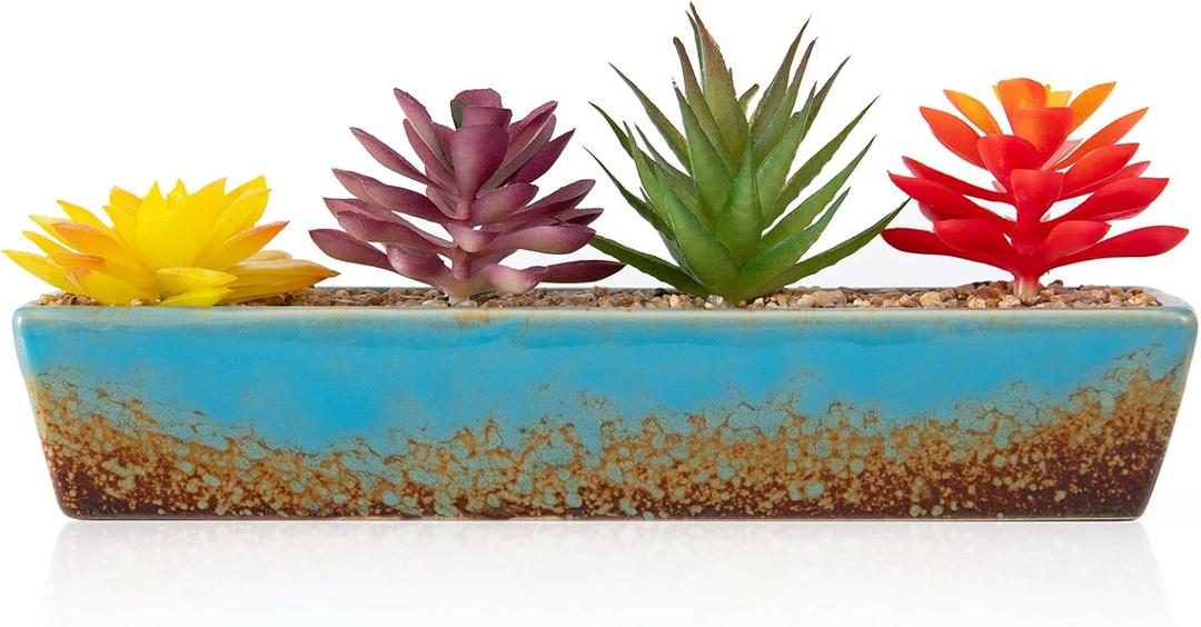 ARTKETTY Succulent Pots - 9.8 Inch Large Succulent Planters with Drainage, Long Rectangle Window Sill Planters, Shallow Ceramic Pot for Indoor Cactus Flower Plants (Plants Included) (Blue)