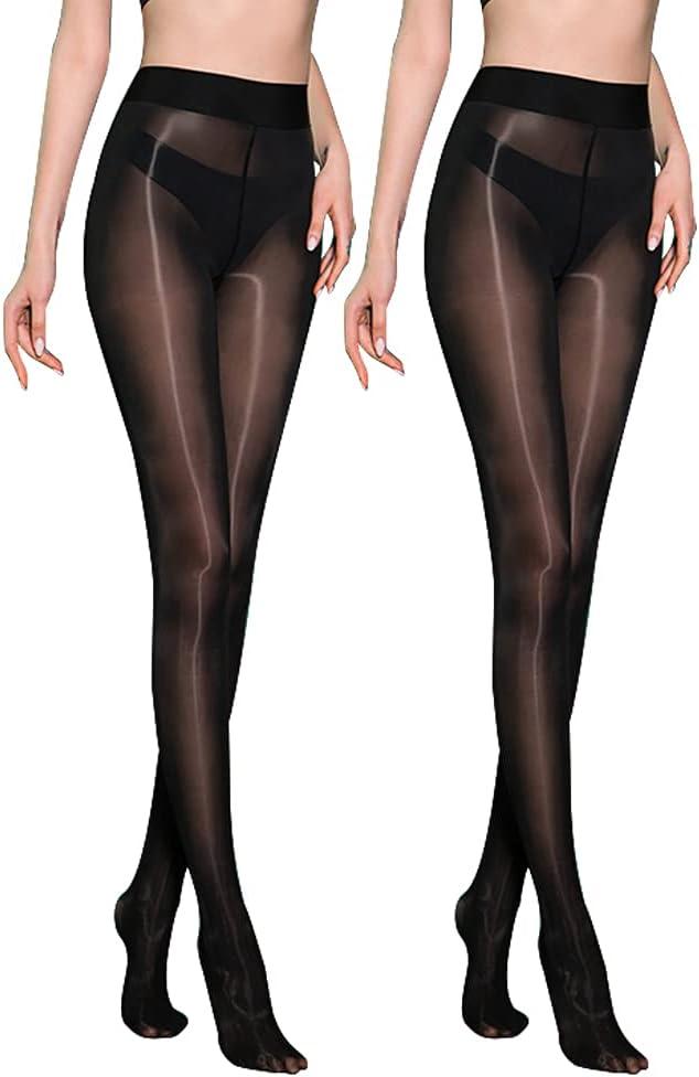 Shiny Oil Pantyhose Footed - 2 Pack Ultra Shiny Sheer Tights High Waist, Shimmery Stocking for Women (Large-X-Large)