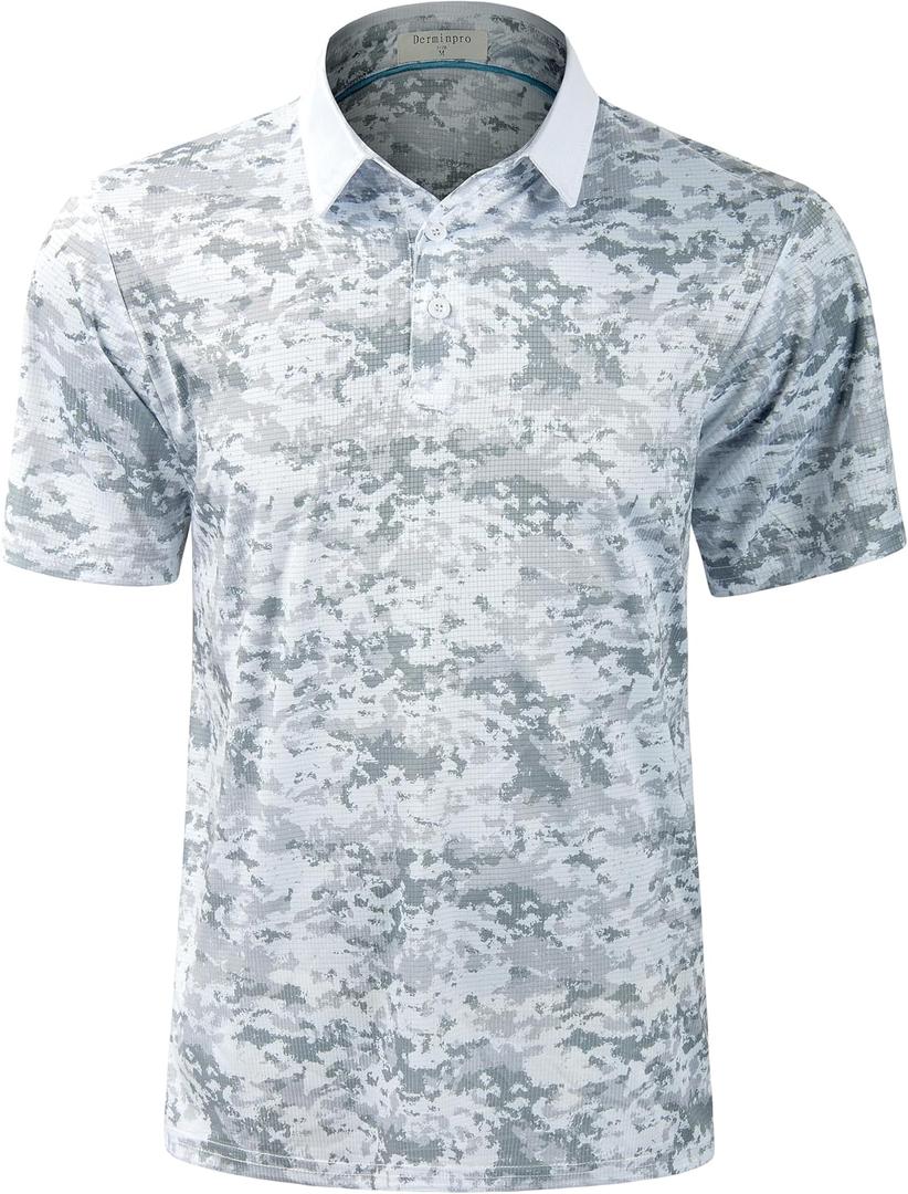 Derminpro Mens Camo Golf Shirts Moisture Wicking Short/Long Sleeve Dry Fit Golf Polos (Gray, S)