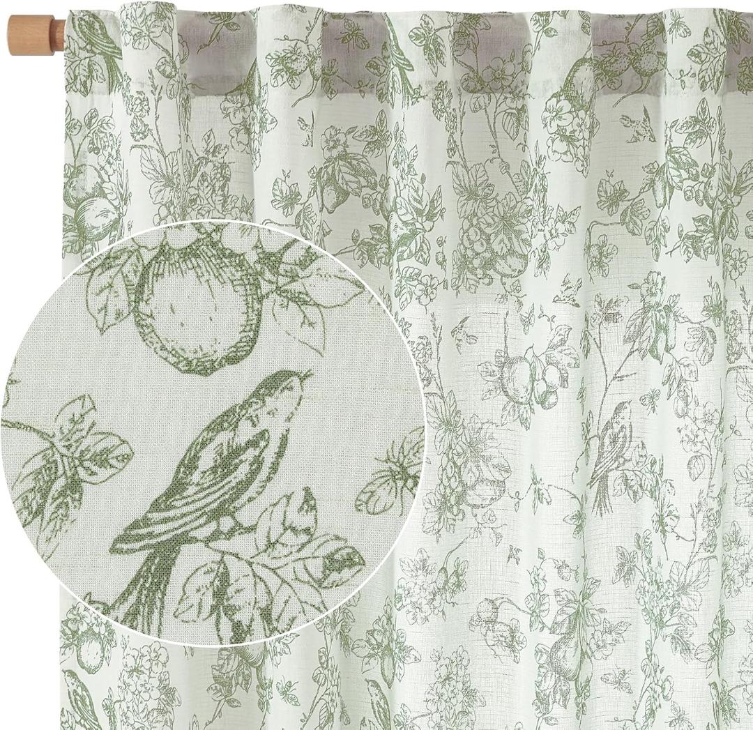 Vangao Linen Floral Curtains for Living Room 84 Inch Length Sage Green Drapes Back Tab Light Filtering Toile Bird Printed Farmhouse Bedroom Rod Pocket Window Treatments 2 Panels