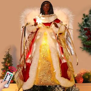 [Timer & Black Angel ] 12 Inch Black Angel Christmas Tree Topper, African American Christmas Decorations Angel Tree Topper with 10 LED Lights and White Feather Wings for Home Xmas Treetop Decorations