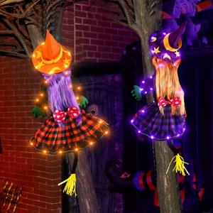 Jenaai 2 Pieces Halloween Crashing Witch into Tree Lighted Decorations(43 Inch Tall) LED Light Funny Purple Orange Halloween Witch Ornaments Hanging for Door Column Outdoor Garden Patio Porch Decor