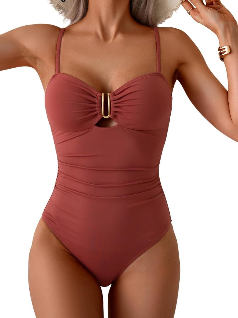 Eomenie One Piece Swimsuit for Women Tummy Control Ruched Bathing Suit Cutout U Wire Swim Suits (Large, Brick Red)