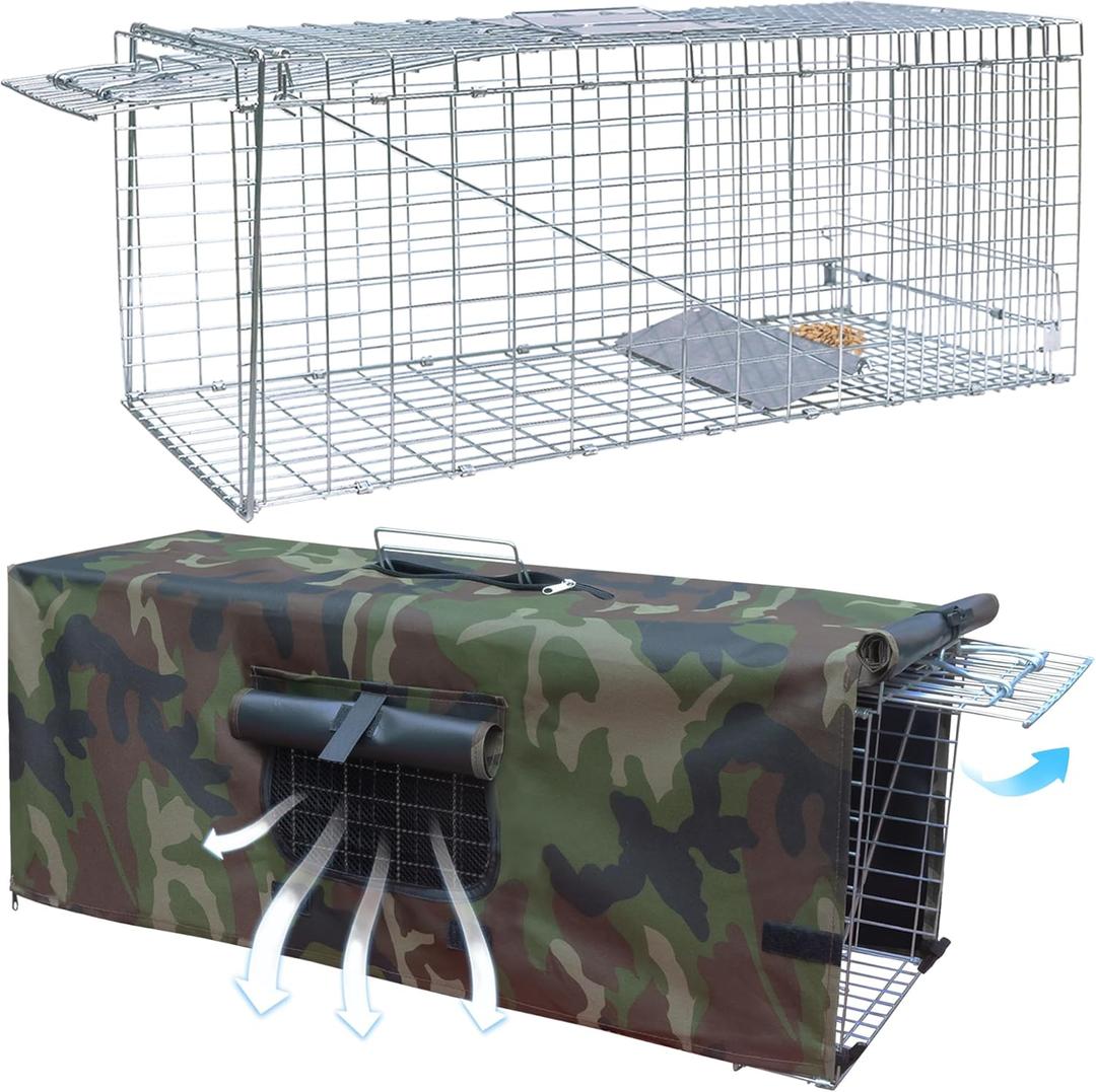 Live Animal Trap Cage with Cover, Cat Trap for Stray Cats 32 Inch Heavy Duty Folding Skunk Traps with Real Door for Raccoons, Opossums, Groundhogs, Skunks, Feral Cats, Squirrels-(32 x 10 x 12 inches)