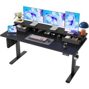 TIQLAB Standing Desk with Two Drawers, Stand Up Standing Desk Adjustable Height, Electric Sit Stand Table with Storage Shelf and Splice Board, 63 * 24 inch, Black