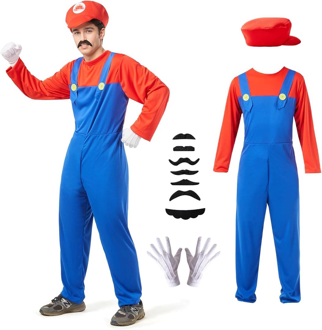 Halloween Costume Men Adult, Plumber Jumpsuit Cosplay Costume with Hat Gloves Moustache Accessories Set (X-Large, Red)