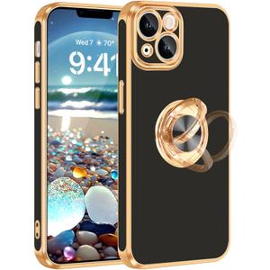 Fingic for iPhone 14 Case with 360 Ring Holder Stand, Magnetic Car Mount Support, Kickstand Phone Case for Women, Girls, and Boys. Slim, Thin, Shockproof Phone Cover Case for iPhone 14, 6.1 inch, 2022, Black (Black/Gold)