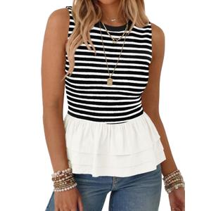 Tankaneo Womens Summer Striped Peplum Tank Tops White (Black, L)