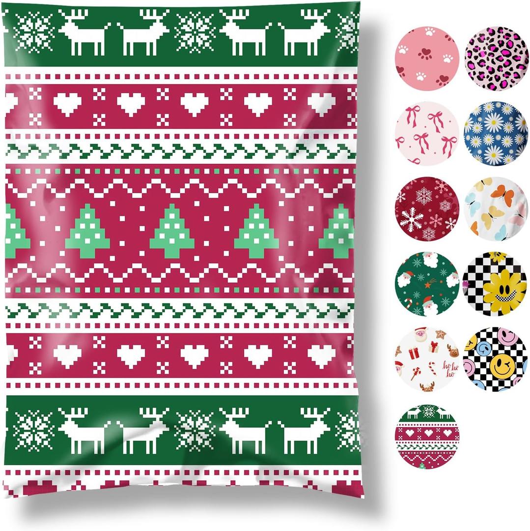 Fuxury Christmas Poly Mailers 10x13 Inch 100 Pack,Sturdy Shipping Bags for Clothes, Self Adhesive Shipping Envelopes, Waterproof Mailing Packaging Bag for Small Business Red Tree Elk Love