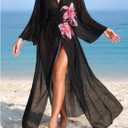 OYOANGLE Women's Swimsuit Cover Up Floral Long Sleeve Sheer Long Kimono Cardigans Beach Coverups (M)
