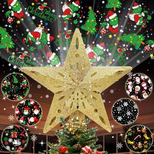 10" Christmas Tree Topper Star Lighted with 6 Projection Modes, Light Up Christmas Tree Topper Built-in LED Rotation Light, 3D Glitter Dynamic Projector Tree Top for Xmas Party Decorations Gift (Gold)