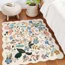 Floral Square Area Rugs for Family: Washable 5x5 Scalloped Carpet for Living Room Bedroom Soft Water Resistant Floor Mat with Non Slip Backing for Kitchen Nursery Dorms Farmhouse Home Decor(5x5,Cream)