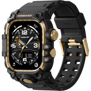 amBand Rugged Case with Band for Apple Watch 46mm, Compatible with Apple Watch (iWatch) Series 10 11, Military Grade Shockproof Bumper Cover, Tactical Band for Men, Black Gold