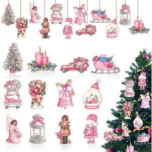 JUNEBRUSHS 35 Pcs Pink Christmas Decor Tree Ornaments Set, Double-Sided Printing Vintage Style Wooden Christmas Hanging Ornaments Decorations for Home Holiday Christmas Party Decoration Supplies