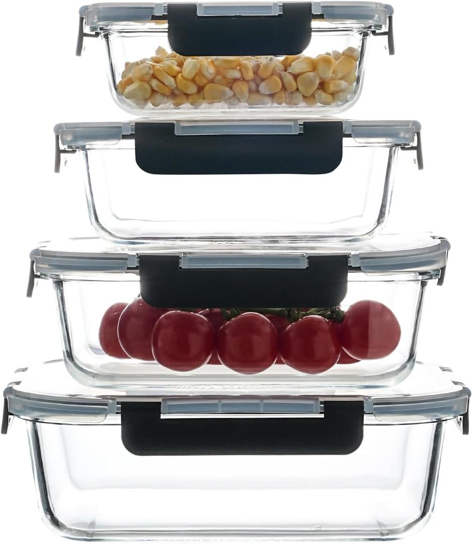 Glass Food Storage Containers with Airtight Locking Lids, 4-Piece Set, Nesting Design
