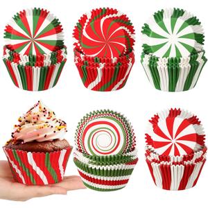 Frienda 500 Pcs Christmas Jumbo Cupcake Liners 3.75 Inch Christmas Cupcake Papers Baking Cup Jumbo Muffin Liners Large Cupcake Wrapper for Holiday Chocolate Cake Making Supplies, 5 Style(Candy Style)