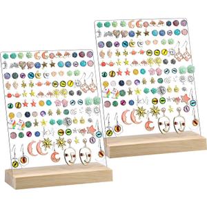 Blulu 2 Pieces 120 Holes Acrylic Earrings Holders For Girls Clear Earrings Organizer Display Pegboards with Wood Bases Ear Studs Display Stand Earring Stand Jewelry Showcase Racks (Classic Style)