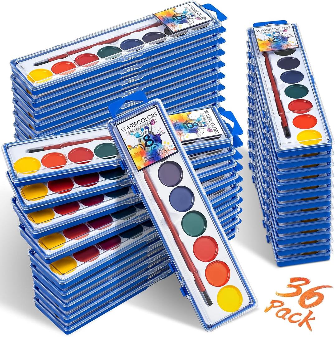 36 Pack Watercolor Paint Set, Washable Watercolor Paint Bulk for Kids, Water Color Paint with Paint Brushes, Ideal Gifts for Party Favors, School Supplies & Classroom Prizes, Art Activities, 8 Colors