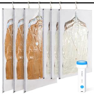 Hanging Vacuum Storage Bags with Electric Pump 6 Pack (3 Long, 3 Short) Hanging Vacuum Seal Bags for Clothing, Closet Organizer Space Saver for Suits, Jackets & Coats