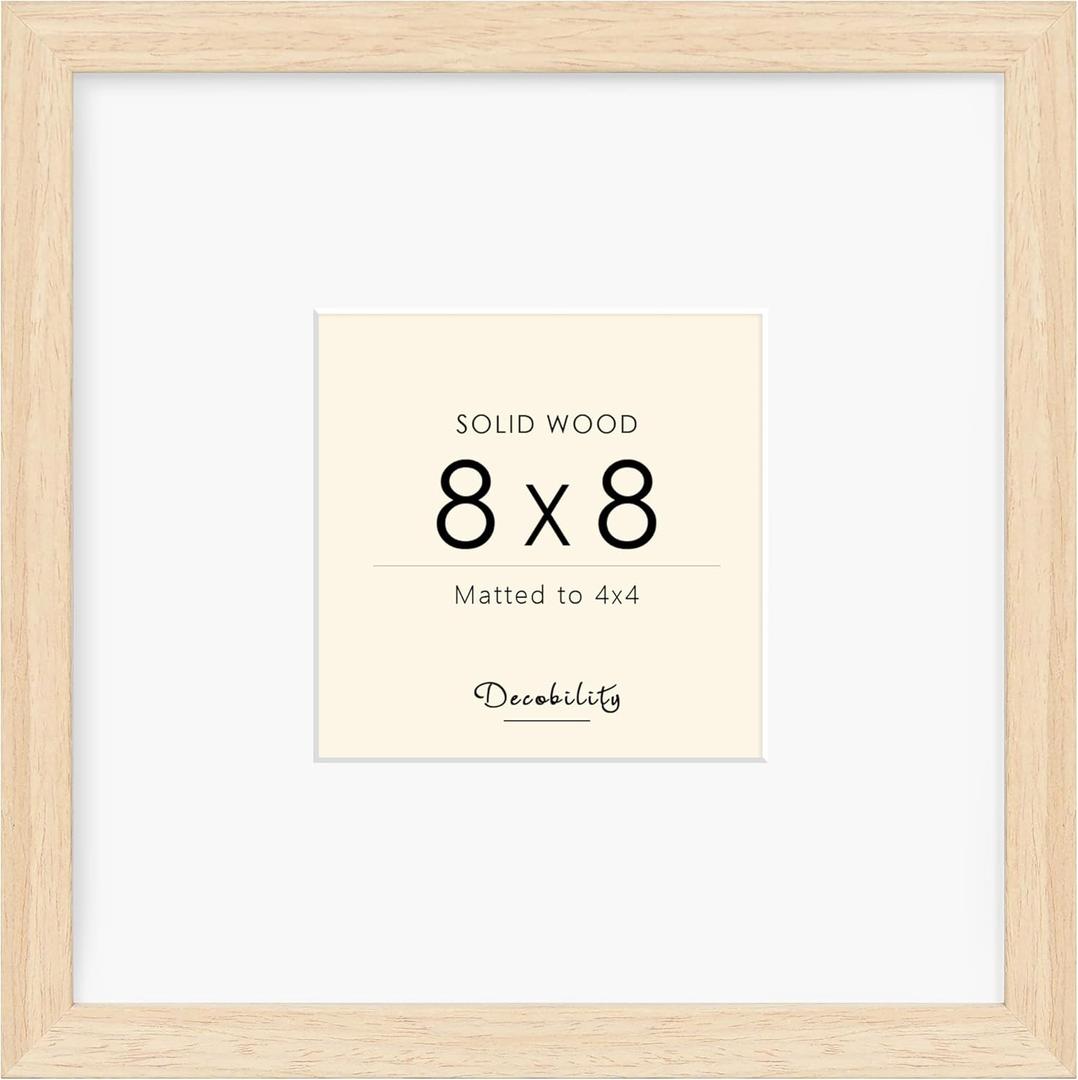 8x8 Picture Frame Made with Solid Wood, Display 4x4 with Mat or 8x8 Picture without Mat, Photo frame with Tempered Real Glass, 8 by 8 Natural Wood Picture frame for Tabletop or Wall Mounting, Oak (8x8" -1 pack)