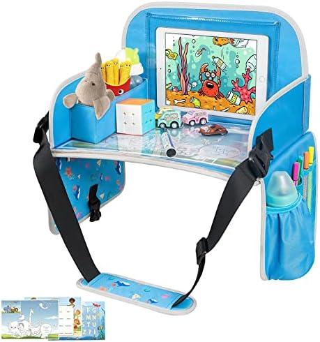 MENZOKE Kids Travel Tray, Car Seat Tray for Kids Travel, Toddler Essentials Girls with Tablet Holder, Road Trip Essentials with Cooler Cup Holder, Dry Erase Board & Storage Pocket for Airplane, Blue