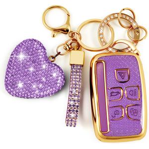 Key Fob Cover with Diamond Bling Keychain, Compatible with L-Rover 2012-2019, Fit for R-Rover, TPU Smart Key Case and Rhinestone Heart for Women (5 Buttons, Purple)