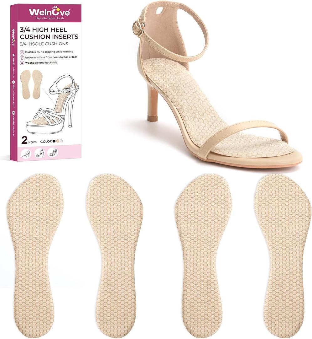 High Heel Cushion Inserts for Women - (2 Pairs) Welnove 3/4 Invisible Insoles Prevent Feet from Sliding Forward - Shock Absorption - Comfort Shoe Pads for High Heels Sandals Flats,Beige, Size S