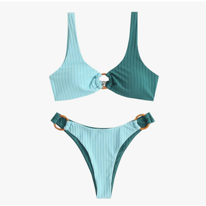 ZAFUL Women's Ribbed O-Ring String Bikini Swimsuit Cheeky Thong Swimwear Two Pieces Bathing Suit, Size Medium