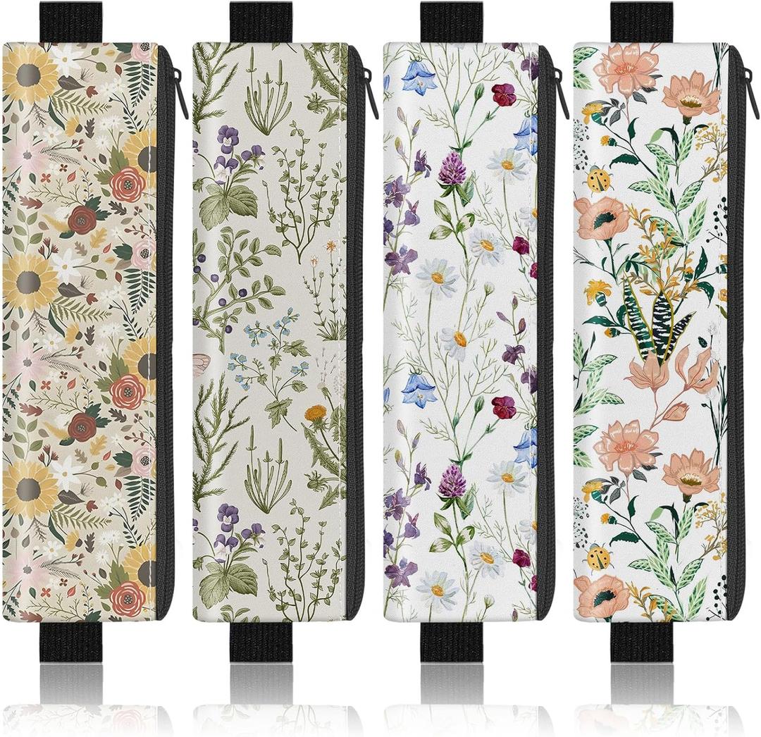 4 Pack Elastic Pen Holder for Notebook, Prints Pen Pouch with Elastic Band and Zipper, Leather Pen Holder for Planners, Journals, Book (Flower)