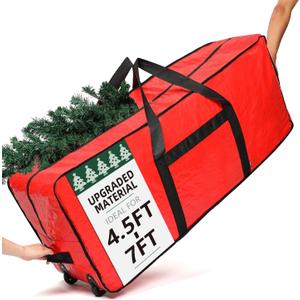 HOMEST Christmas Tree Storage Bag, Fits for 4.5-7 ft Xmas Artificials, Zippered Bag with Reinforced Carrying Handles and Wheels, Red (Bag Only)