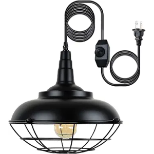 Plug In Hanging Light Fixtures, Black Cage Plug In Pendant Light, Metal Outdoor Chandelier for Gazebo Porch, industrial Farmhouse Hanging Lamp for Kitchen Island Dining Room Bedroom Sink Hallway