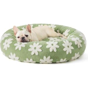 LE SURE Donut Medium Dog Bed - Round Cat Beds for Indoor Cats Calming Pet Beds, Cute Modern Beds with Jacquard Shaggy Plush & Anti Slip Bottom, 30 Inch, Green (Flower Garden Green)