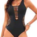 Aqua Eve Women Sexy One Piece Swimsuits Plunge Deep V Neck Cutout Bathing Suits (XL, Black)