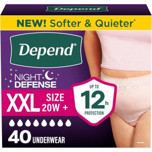 Depend Night Defense Adult Diapers, Incontinence & Postpartum Bladder Leak Underwear for Women, Disposable, Overnight, XXL, Blush, 40 Count (4 Packs of 10)