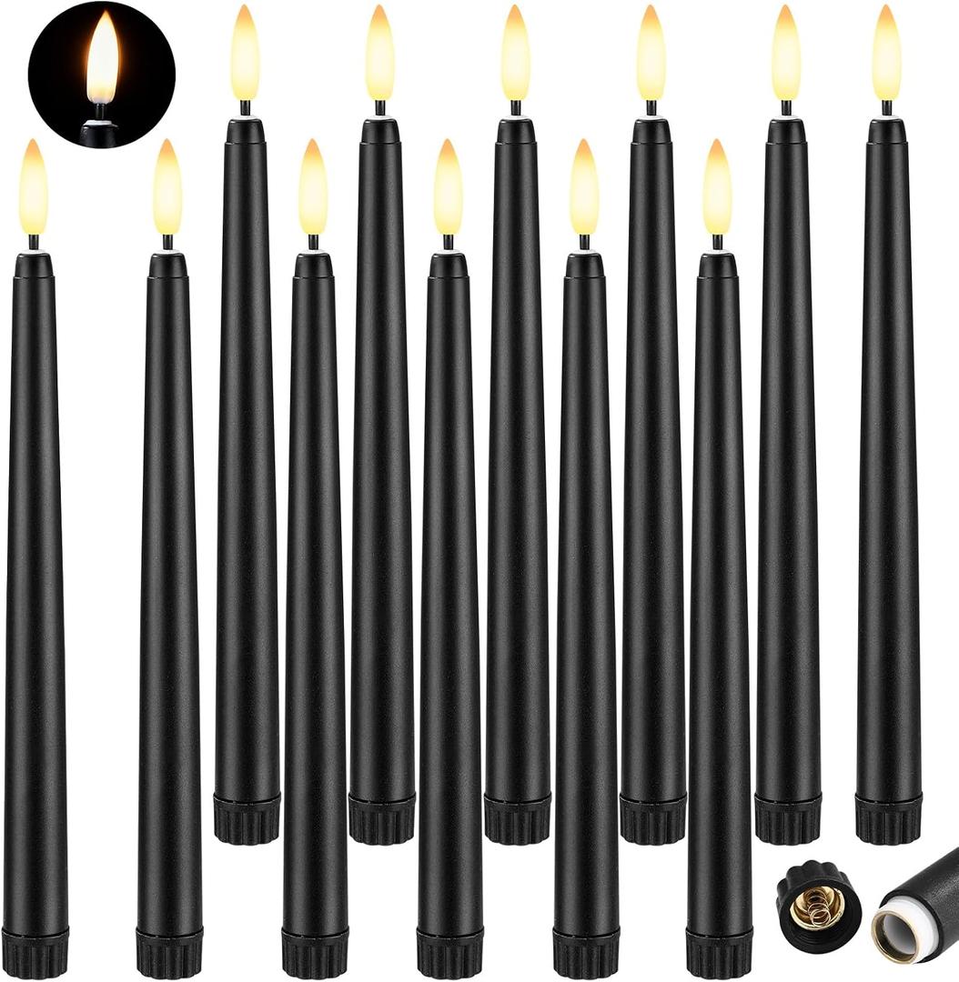 Baquler 12 Pcs 9.7 Inch Black Flameless Taper Candles, Battery Operated Taper Candles LED Warm 3D Wick Flickering Candlesticks for Church Wedding Home Decor Halloween Christmas Hanukkah New Year