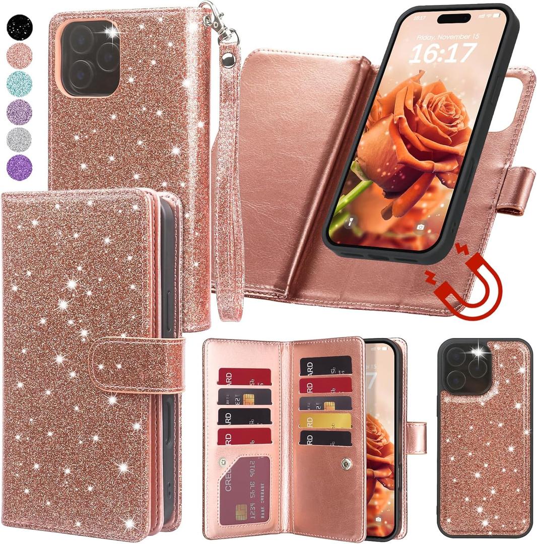 Varikke for iPhone 16 Pro Max Wallet Case Detachable with Card Holder for Women, Fashion Glitter PU Leather Strap Magnetic Flip Wallet Removable Phone Case Cover for iPhone 16 Pro Max 6.9", Rose Gold