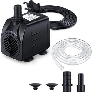 Fountain Pump, 160GPH(10W 600L/H) Submersible Water Pump, Durable Outdoor Fountain Water Pump with 4.9ft Tubing (ID x 1/3-Inch), 3 Nozzles for Aquarium, Pond, Fish Tank, Water Fountain Pump