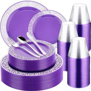 Norme 450 Pcs Purple Silver Plastic Party Plates Sets Include 75 Dinner Pate 10.2 In, 75 Dessert Plate 7.5 In, 75 Cutlery, 75 Cup Lace Design Disposable Dinnerware for 75 Guests Wedding Party Supplies