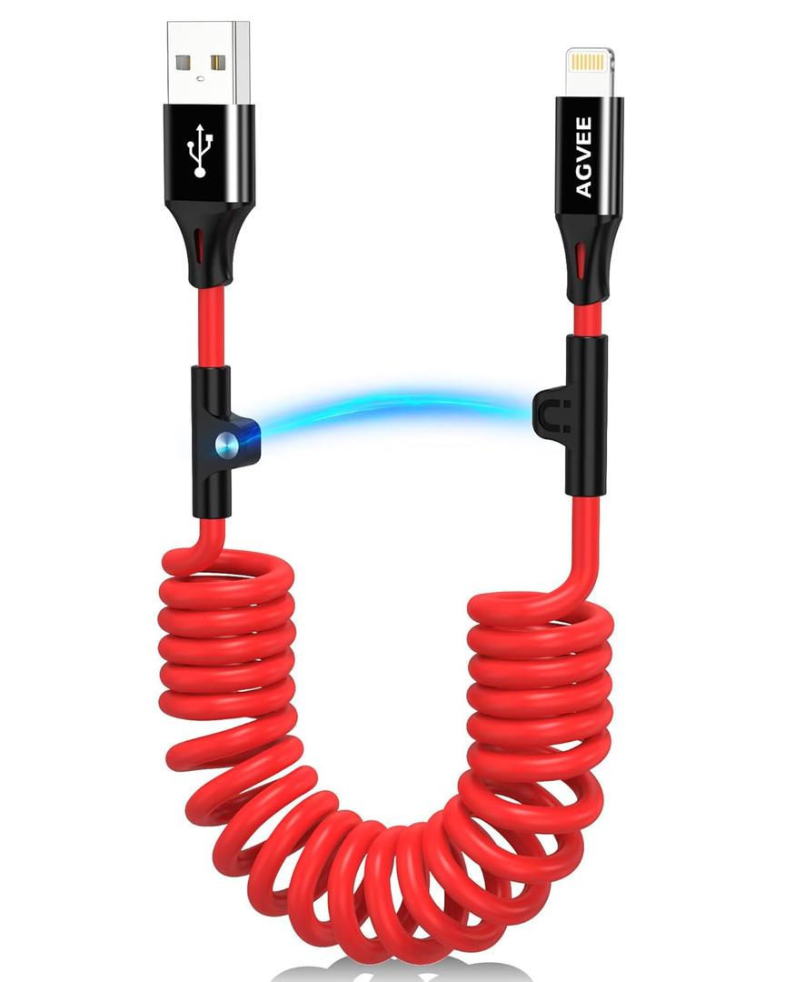 AGVEE 2 Pack 3ft Coiled Short USB to Lightning Charging Cable [MFI Certified] 3A Fast Charger Cord in Car for iPhone 14/13/12/11/XS/8/7/6/5 CarPlay, iPad, iPod, Red