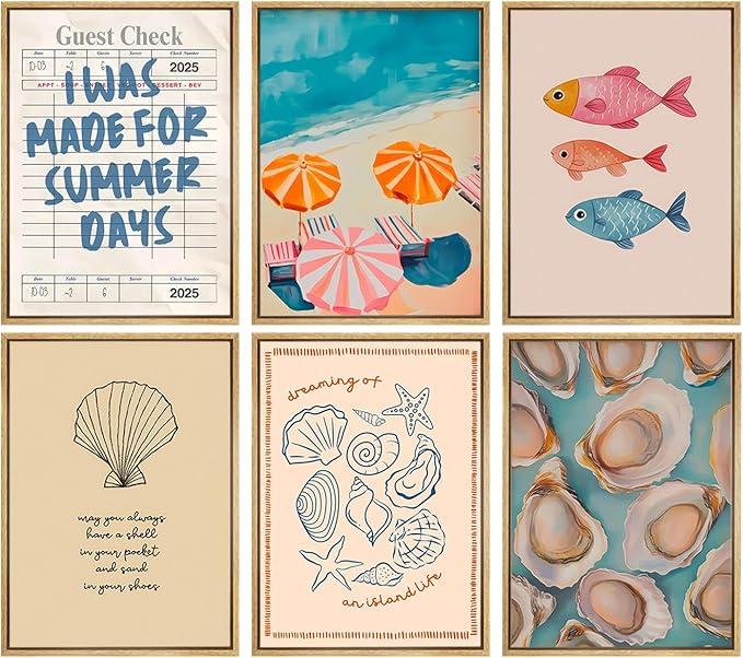 6pcs Beach Summer Posters Wall Art Coastal Aesthetic Room Canvas Prints Shell Oyster Beach Umbrella Ocean Boho Fish Starfish Conch Wall Decor Artwork for Girls Room Home Decoration 8x10in