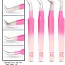 M LASH Tweezers for Eyelash Extensions (Set of 4) - Professional Lash Extension Tweezers - Fiber Tip, Japanese Steel, Diamond Grip Eyelash Extension Tweezer set (Ombre)