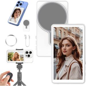 Magnetic Phone Vlog Selfie Monitor Screen for iPhone & Android, Wireless Screen Mirroring Connection with Bluetooth Remote, Using Phone Rear Camera for Selfie Vlog Live Stream TikTok YouTube White