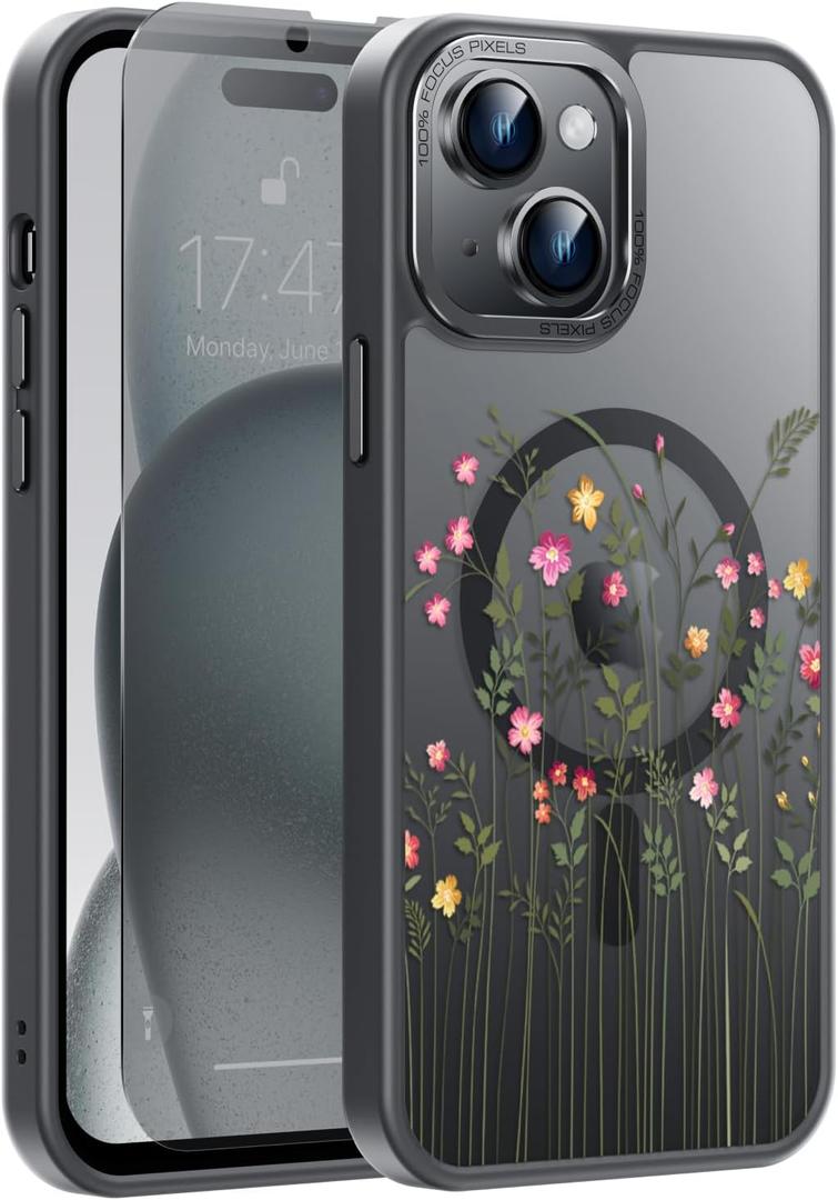 Goodon for iPhone 15 Case with Privacy Screen Protector, Compatible with Magsafe, Shockproof Translucent Matte Cover - Cute Floral Design Phone Case for Women and Girls - Tiny Flower and Leaves
