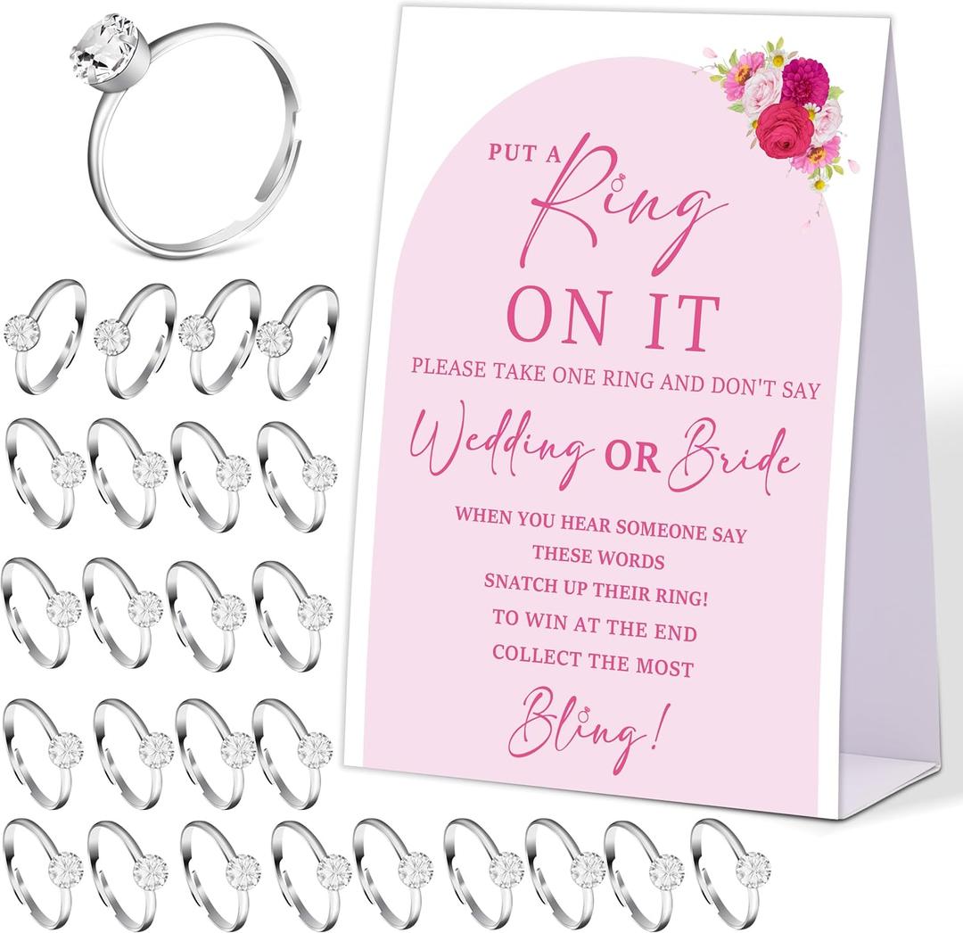 Pink Floral Don't say Bride or Wedding Game, Put a Ring on It Bridal Shower Game with 50 Fake Rings, Modern Bridal Shower Decorations, Wedding Shower or Bachelorette Party Supplies - 05