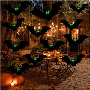 12Pcs Halloween Bats,Hanging Bats with Auto Light Sensor, Light Up Scary 3D Bat Wall Decor, Spooky Flying Bats Halloween Decorations Outdoor for Trees Yard Garage