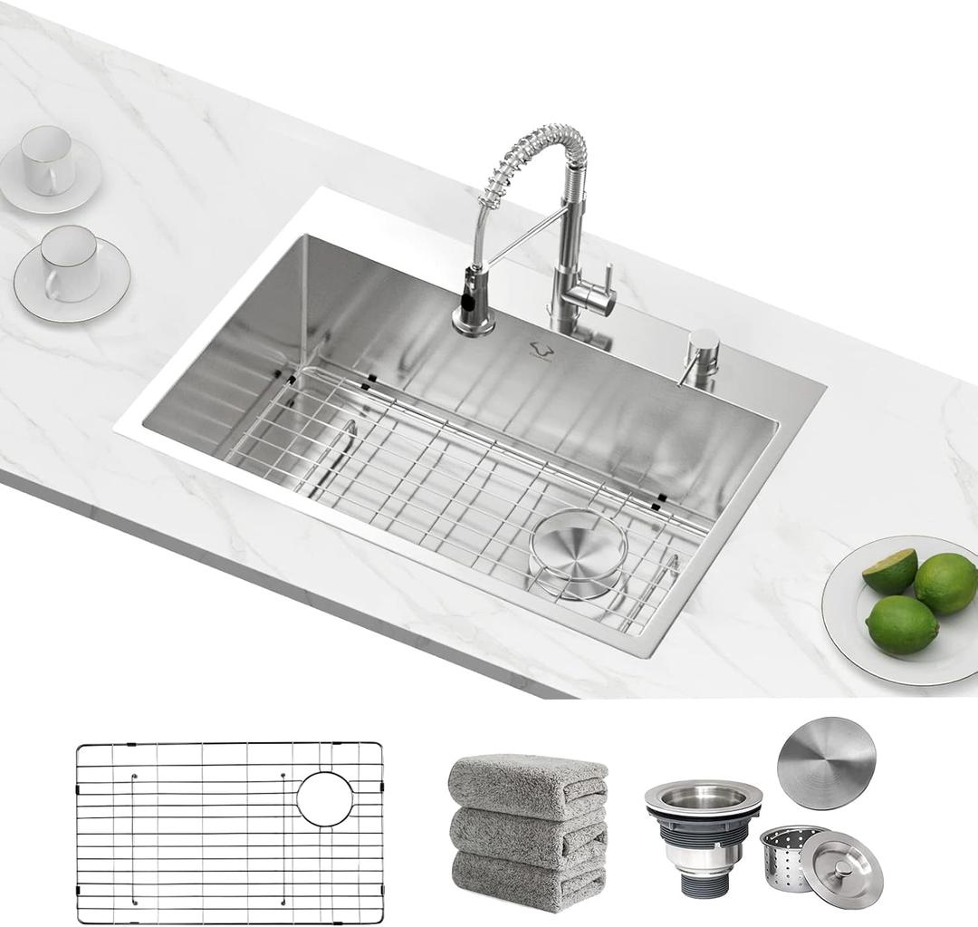 Kitchen Sink 27 x 22 inch Drop-In Top Mount 16 Gauge Tight Radius Single Bowl 2-Hole Stainless Steel Kitchen Sink and Accessories (Pack of 4)