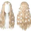 Linfairy 70s Long Blonde Wavy Hippie Wigs with Sunflower Headband Halloween Cosplay Costume Wig for Women Party (Blonde)