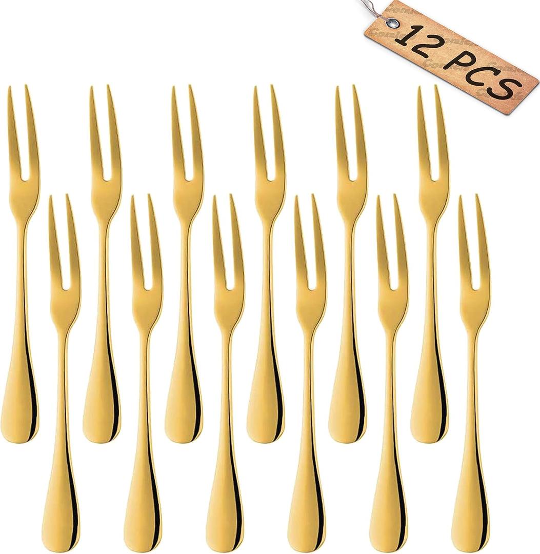 Comicfs 12-Piece Stainless Steel Forks, 5.3 Inches, Seafood Crab Forks Escargot Fork 2 Prong Tasting Appetizer Fork Dessert Cocktail Salad Fruit Fork for Party Travel (Gold)