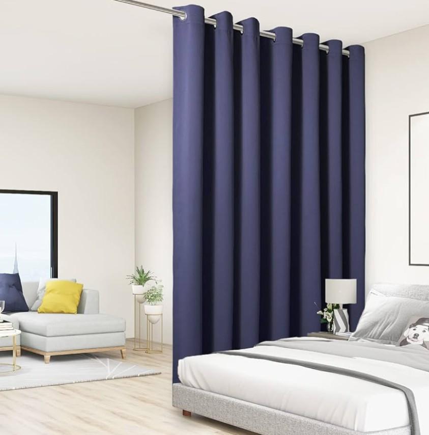 BONZER Room Divider Curtain Total Privacy Wall Extra Wide Grommet Room Darkening Curtains for Patio Sliding Glass Door, 108L x 150W Inch (9L x 12.5W ft), 1 Panel, Blue