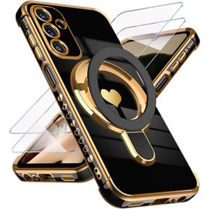 Liufcx for Samsung Galaxy A15 5G Love Heart Kickstand Case with 2X Screen Protector: Luxury Plated Gold Edge Slim Soft TPU Shockproof Protection Case Cover for Galaxy A15 (Black)